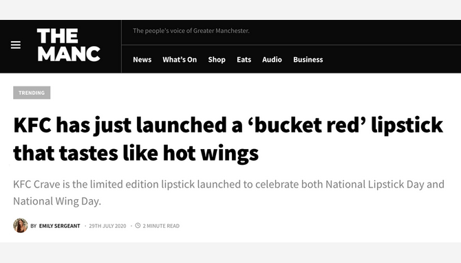 The Manc headline: KFC has just launched a 'bucket red' lipstick that tastes like hot wings