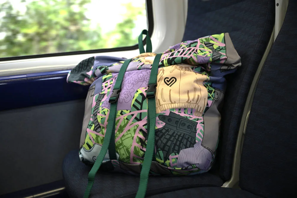 Trainline Re-Fresher Bag resting on a train seat