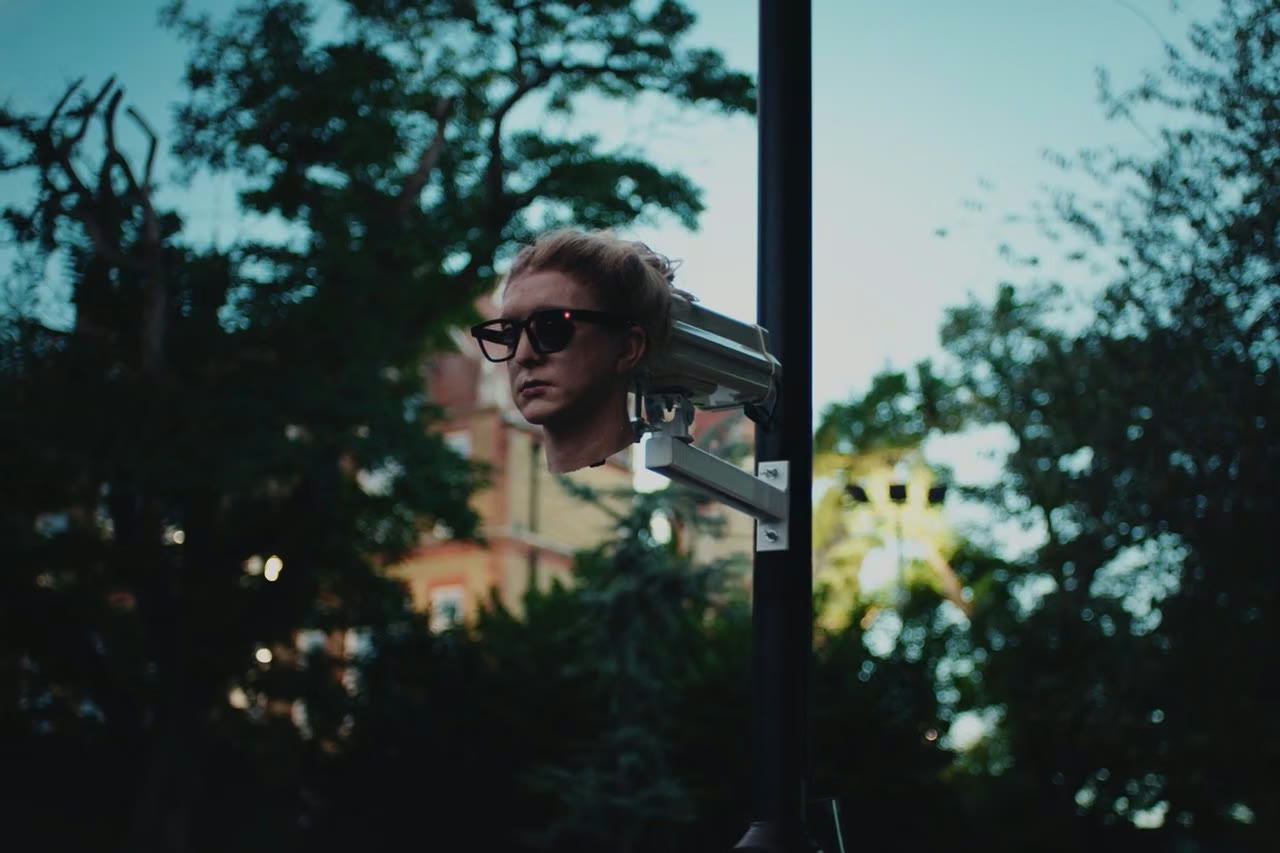 A hyper-real sculpted head wearing dark sunglasses mounted on a black pole in a park, part of Even Realities' The Watchers installation by The Robin Collective