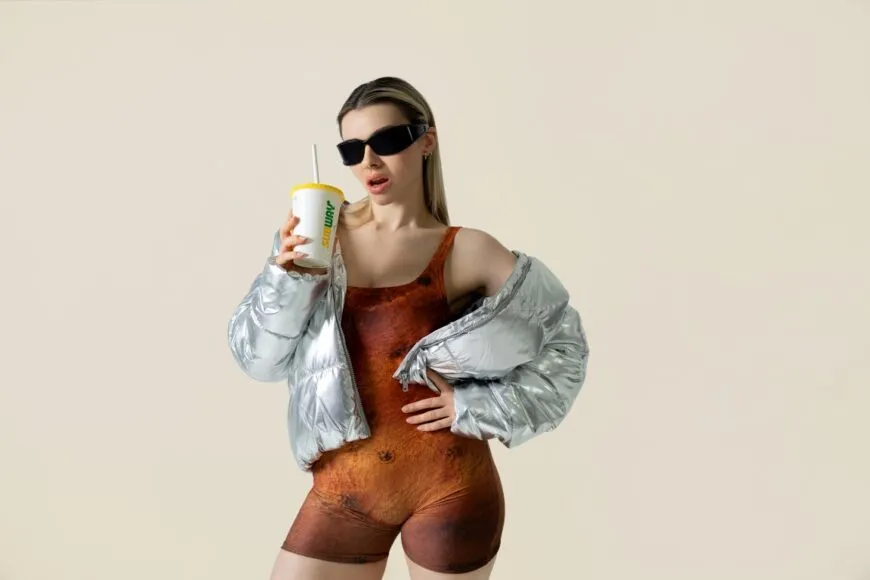 Subway Skins potato-skin shapewear bodysuit on a model at London Fashion Week