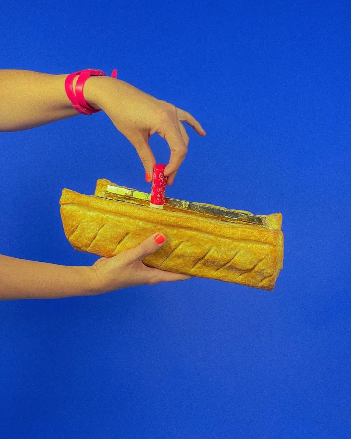 Gregg's Sausage Roll Clutch bag close-up - designed by The Robin Collective