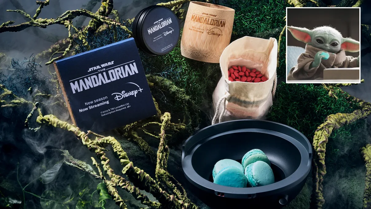 The Mandalorian x Disney+ influencer delivery - Grogu bone broth macarons, candy pouch and bamboo cup on a misty swamp set, produced by The Robin Collective