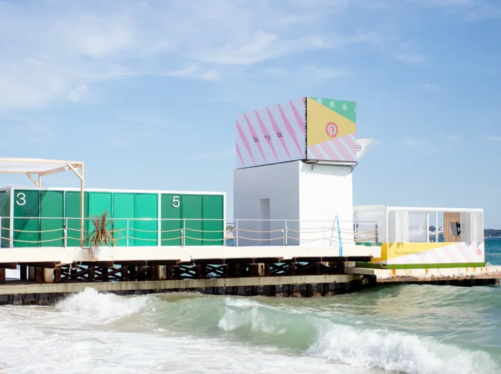 Pinterest Beach branded tower on the pier at Cannes Lions with bold geometric patterns